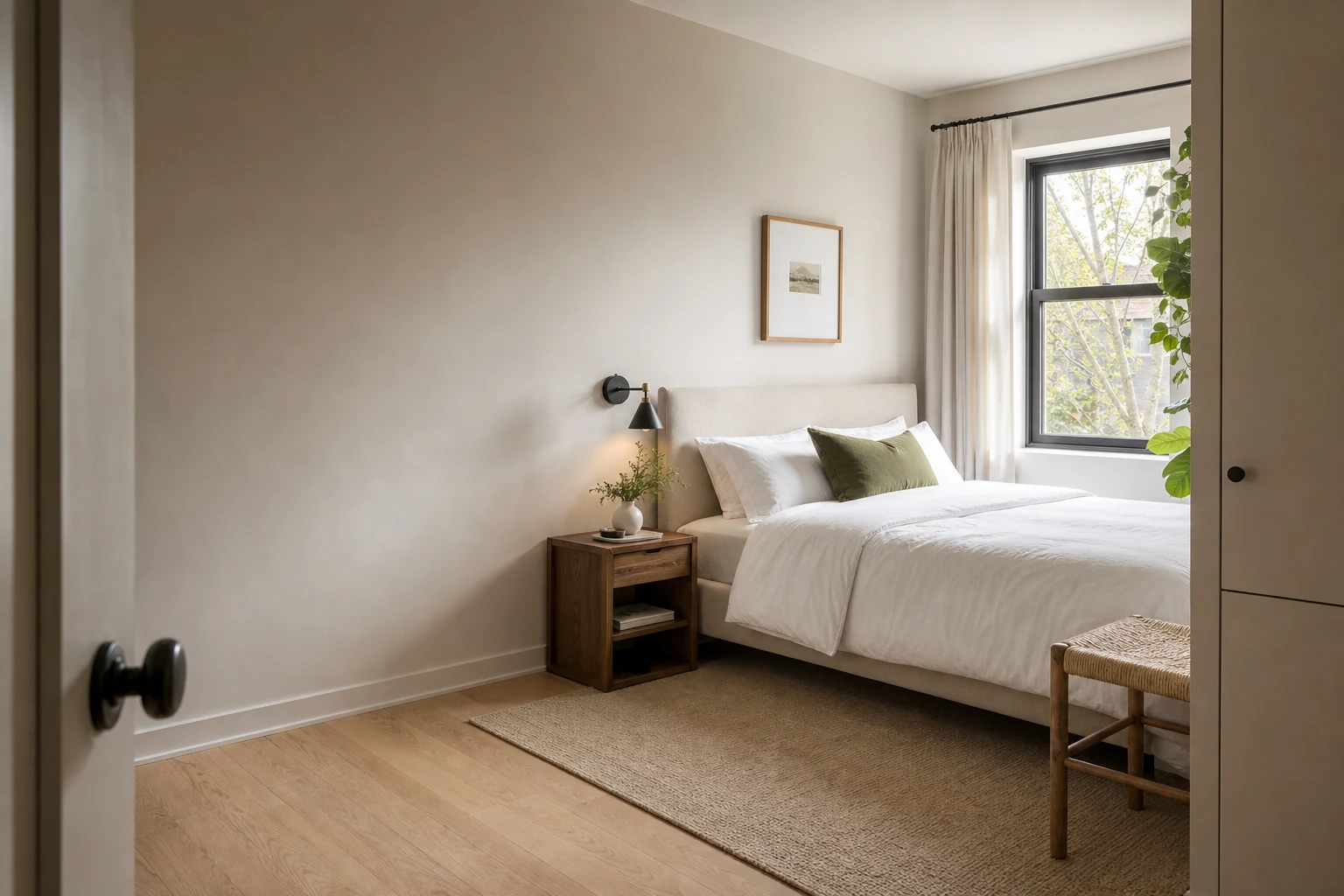 A bright small renter bedroom with white linen, pale oak furniture, and a clear walking route