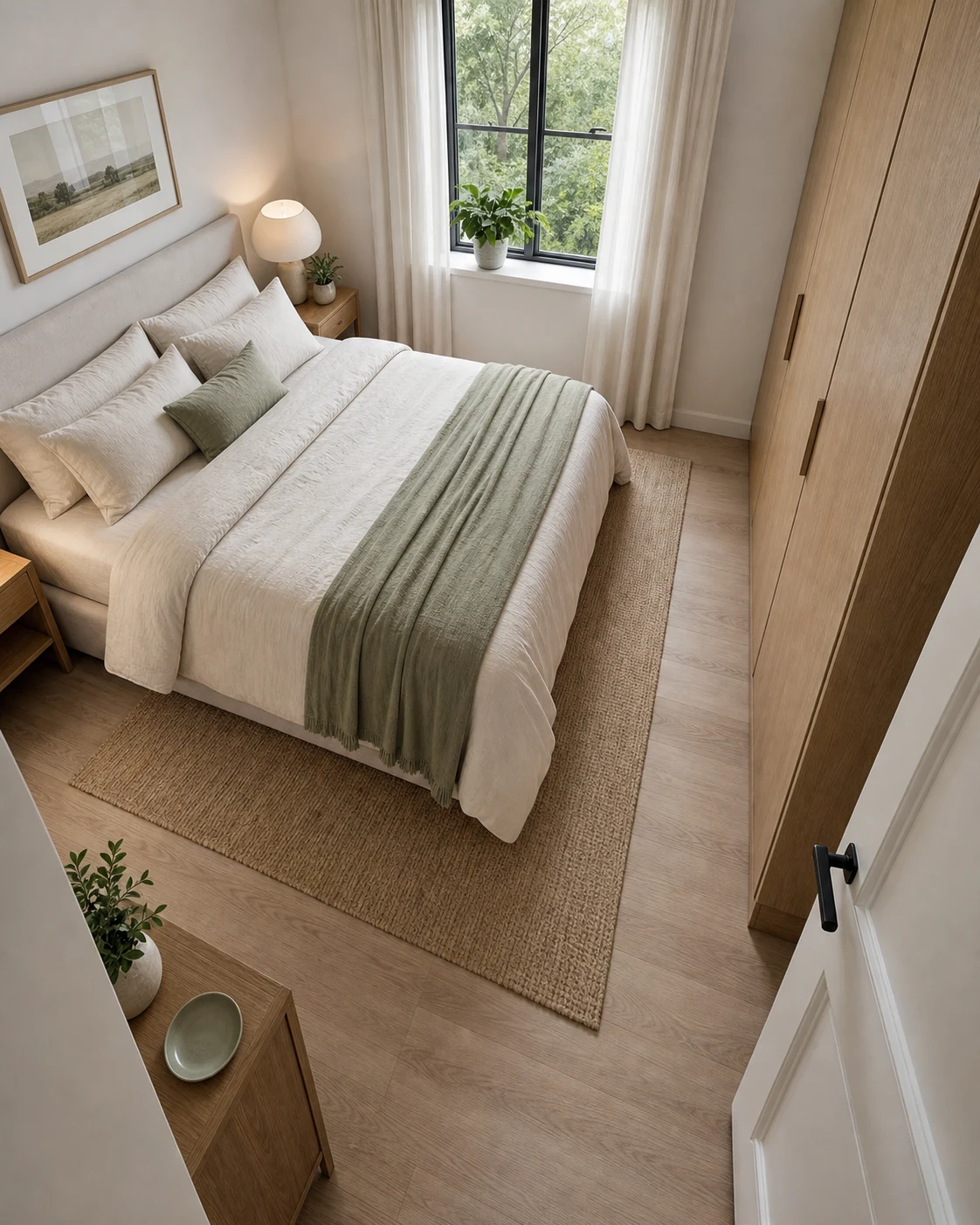 A small bedroom layout with a clear walking route beside the bed