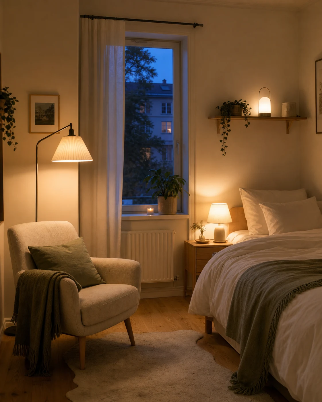 A small bedroom with layered floor, bedside, and portable warm lighting