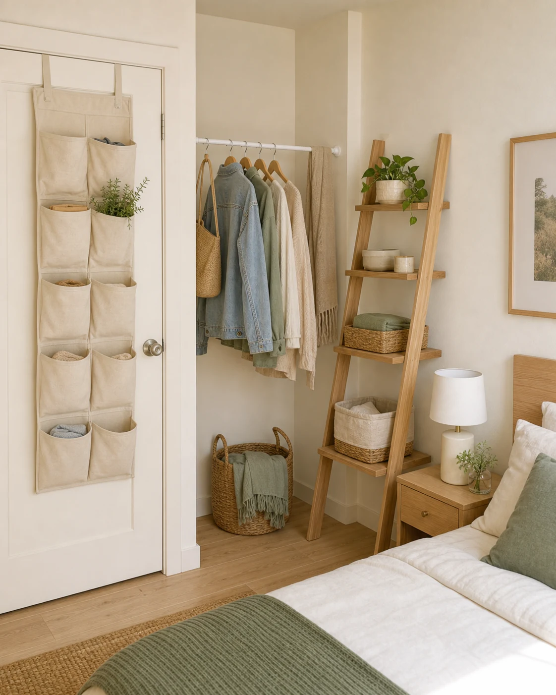 An over-door organizer, tension rod, and leaning shelf in a renter bedroom