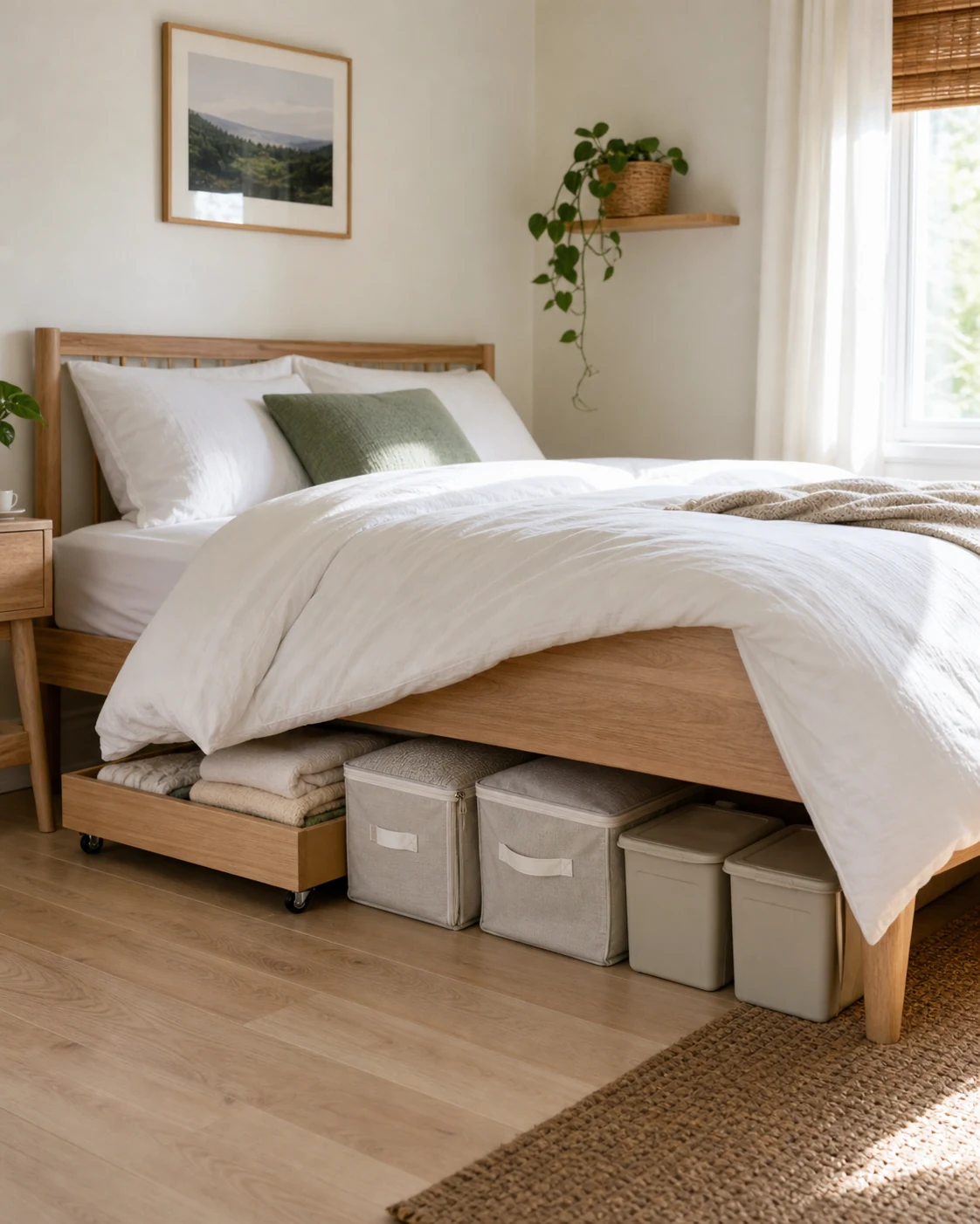 Under-bed drawers, fabric bags, and lidded boxes organized under a bed