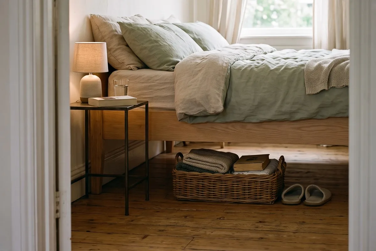 A low pale-oak bed frame in a small rented bedroom seen from floor level, with a woven basket of folded blankets sitting in the open gap beneath it