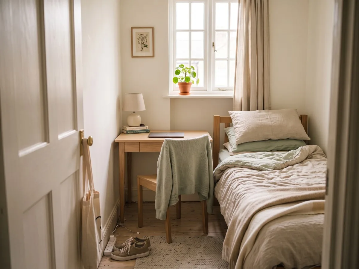 A pushed-back desk chair with a cardigan over its back, standing in the narrow strip of floor between a compact pale-oak desk and the side of a bed in a small rented room