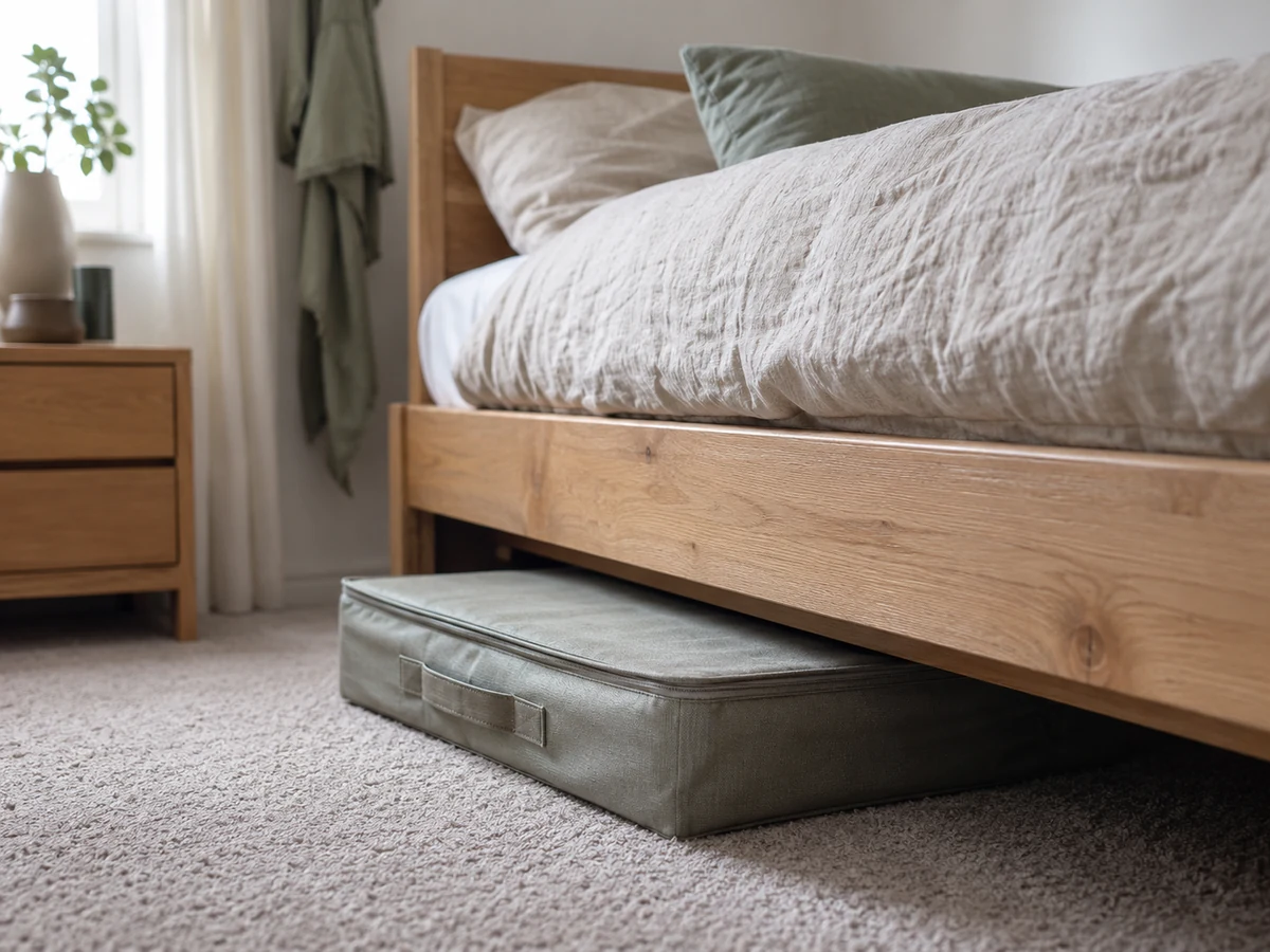 Human-eye side view of a low pale-oak bed frame on soft pale carpet in a small bedroom, with a flat sage linen storage case slid part way into the gap beneath the side rail